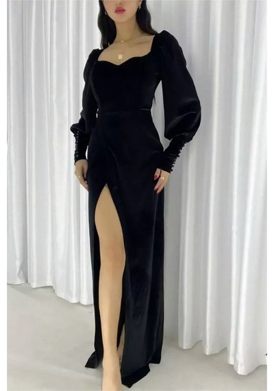 Lior Design Kadın Vintage Kadife Kumaş Kare Yaka Yırtmaçlı Abiye Elbise Siyah