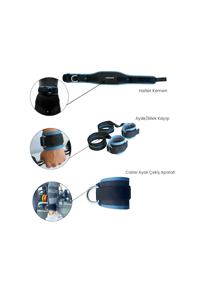 Rebuwo 3'lü Fitness Seti Halter Kemeri 100 Cm + Ayak/bilek Kayışı + Cable Ayak Çekiş Aparatı Siyah