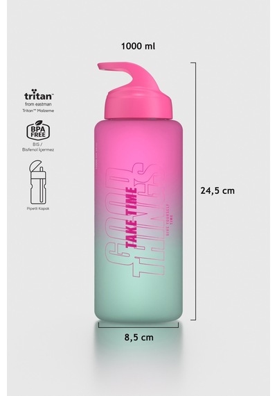 Renga Moly Çift Renk Yazı Desenli 1000 Ml Pipetli Mat Tritan Matara 912117 Fuşya-turkuaz Fuşya