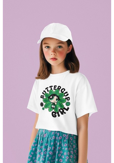 Sevbano Power Puff Girls Buttercup Girl Baskılı Unisex Çizgi Film Çocuk T Beyaz