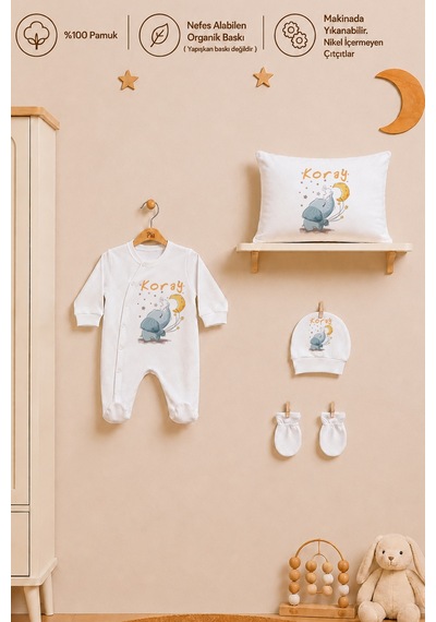 Pia Baby İsme Özel Erkek Bebek Tulum Seti %100 Pamuk Organik Baskılı Yastık Kılıfı Ve Battaniyeli Tulum 2068tyb3x Ekru