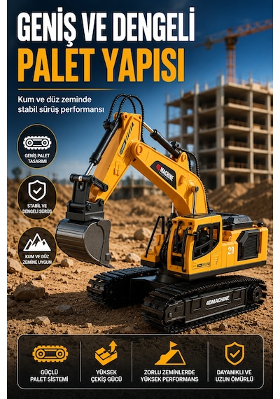 Buharlı Işıklı Sesli Metal Alaşım Excavator Uzaktan Kumandalı Rc İş Makinesi Sarı