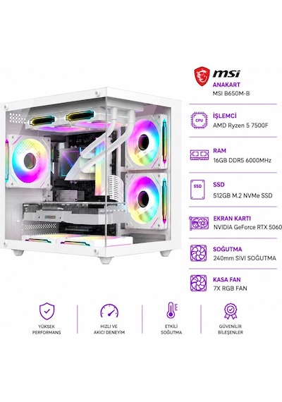 Apphirex ROSA X50 R5-7500F 16 GB 512 GB M.2 SSD 8 GB RTX5060 W11P Masaüstü Oyuncu Bilgisayarı Beyaz