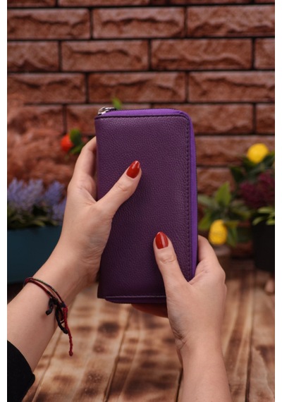 Özka Leather Mürdüm Telefon Bölmeli Unisex Deri Uzun Kartlık Cüzdan Portföy Siyah