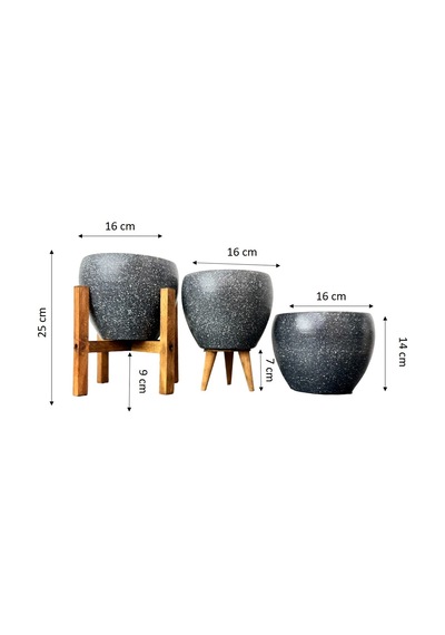Gri Granit Boyalı Toprak Saksı-üçlü Set-terracota-15 Cm Çap