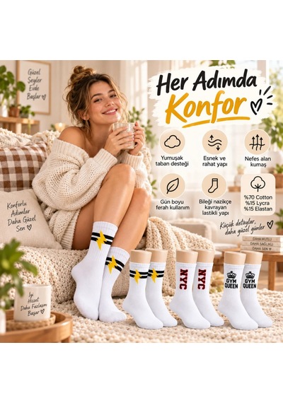 Bezos Kadın Spor Çorap Beyaz Yazılı 3'lü Set Uzun Soket Pamuklu Dikişsiz Nefes Alan Spor Konforlu Çoraplar Nxrlvng