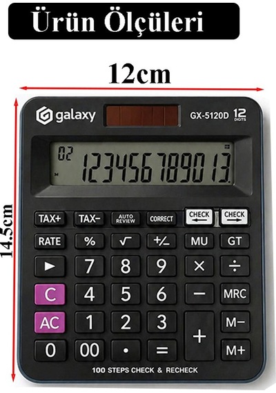 Hesap Makinesi Siyah 12x14.5 Cm 1 Adet Galaxy Gx-5120d 12 Haneli Orta Boy Ofis Büro Masaüstü Hesap Makinası