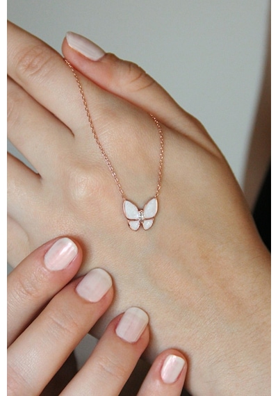 925 Ayar Gümüş Beyaz Mineli Kelebek Kolye - 23168402 Rose Gold
