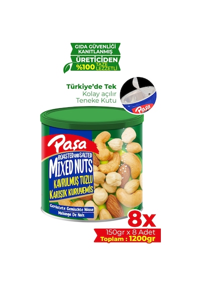 Paşa Kuruyemiş Kavrulmuş Karışık Kuruyemiş Teneke Kutu 8 x 150 G