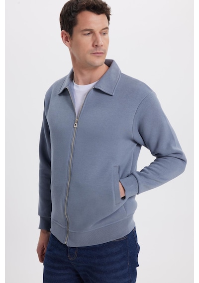 Tudors Unisex Relax Fit Rahat Kesim Pamuklu İç Polarlı Fermuarlı Gri Polo Yaka Flato Cepli Sweatshirt Hırka-41977 Gri