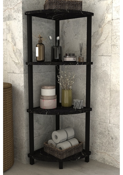 Decoline Banyo Rafı 4 Katlı Moblen Modern Organizer Depolama Ünitesi-siyah Mermer Desen Siyah