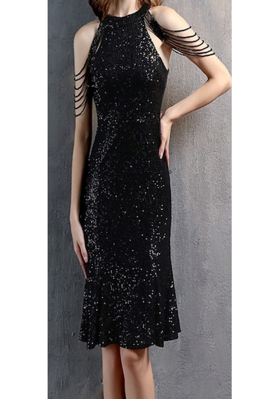 Hanife Glam Couture Hanife Glam Boncuk Detaylı Pulpayet Abiye Elbise Siyah