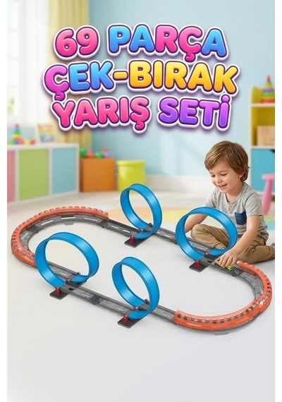 41 Parça Çek-bırak Yarış Arabalı 360 Derece Dönen İkili Çemberli Oyuncak Yarış Pisti Çok Renkli