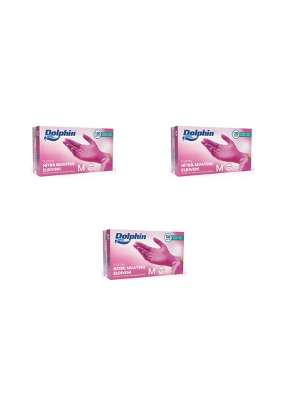 Dolphin Tek Kullanımlık Pembe Nitril Eldiven - Muayne Eldiveni Medium Orta Boy - 100'lü 3 Paket