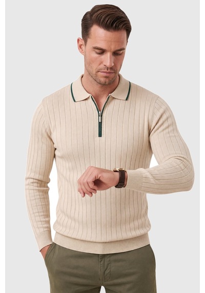 Deepsea Erkek Slim Fit Tüylenmeyen Çizgi Dokulu Bej Triko Kazak Fermuarlı Polo Yaka 2700401
