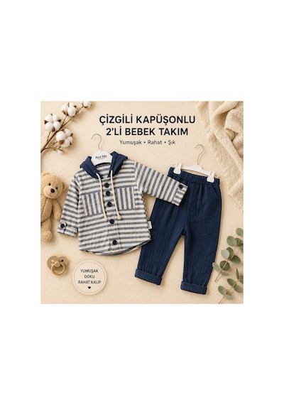 By Murat Baby Erkek Bebek Kapüşonlu Müslin Takım - Çizgili Gömlek Ve Pantolon Seti Lacivert