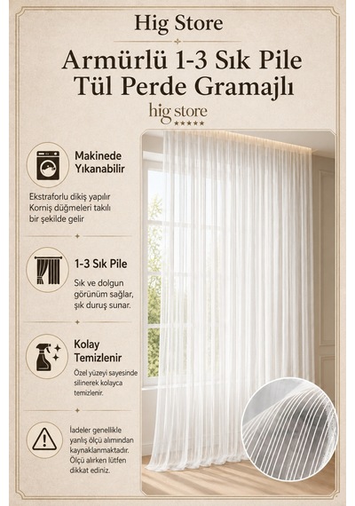 Armürlü Zincir Desen Tül 1/3 Sık Pileli Şık Kaliteli Gramajlı Her Kombine Uyumlu Beyaz Tül Perde Beyaz