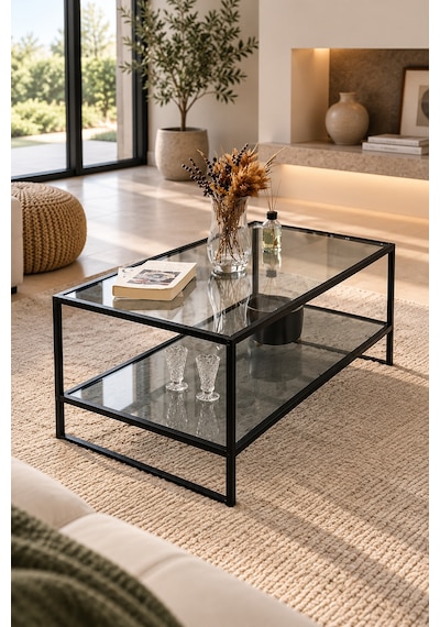 Teknor Füme Camlı Siyah Orta Sehpa Çift Raflı Modern Tasarım 90 50 46 Cm
