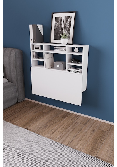 Df01104cm Duvara Monte Katlanır Çalışma Masası Raflı Duvar Masası, Minimal Tasarım Beyaz