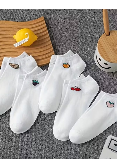 Hitit Socks Kadın 5 Çift Renkli Meyve Desenli Günlük Premium Kalite Bilek... Beyaz