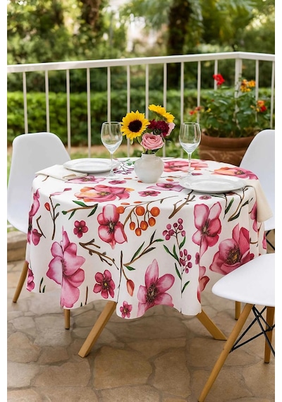 Yuvarlak Çiçek Desenli Duck Kumaş Masa Örtüsü 150x150 Cm Çok Renkli