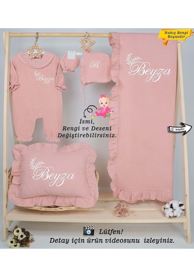 Gros Shop Yeni Doğan %100 Pamuk Müslin Hastane Çıkış Mevlüt Seti-takı Yastık Kişiye Özgü İsimli Nakış Desenli Pembe