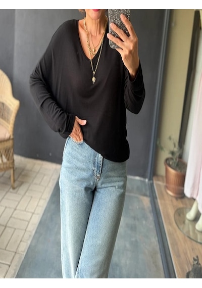 Mirve Butik V Yaka Yumoş Merserize Bluz Siyah