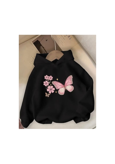 Herkesemoda Kelebek Ve Çiçek Baskı Detaylı İçi Polarlı Kapüşonlu Sweatshirt Siyah