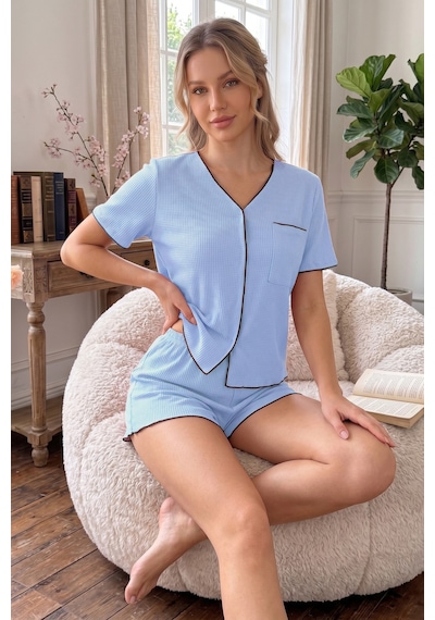 Bella Notte Bebe Mavisi Kısa Kollu V Yaka Biye Detaylı Pijama Takımı