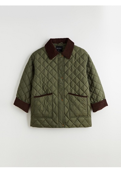 Lcw Modest Haki Kadife Gömlek Yaka Oversize Kadın Şişme Mont