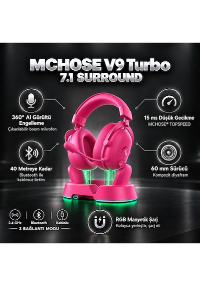 Mchose V9 Turbo+ Berry Red 7.1 Surround Kablosuz Gaming Kulaklık Hw-v9-12