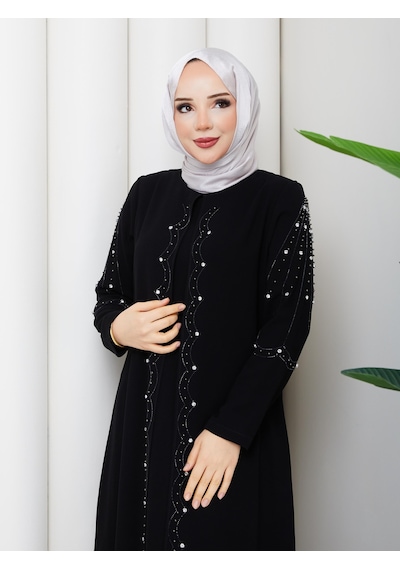 Eslemnur Büyük Beden Tam Boy Pelerinli Anne Elbisesi Siyah