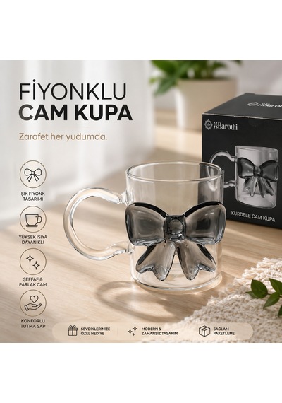 Fiyonk Detaylı Şeffaf Cam Kupa