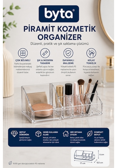 Şeffaf Piramit Kozmetik Organizer Çok Bölmeli Makyaj Malzemesi Düzenleyici Ve Masaüstü Organizer Şeffaf