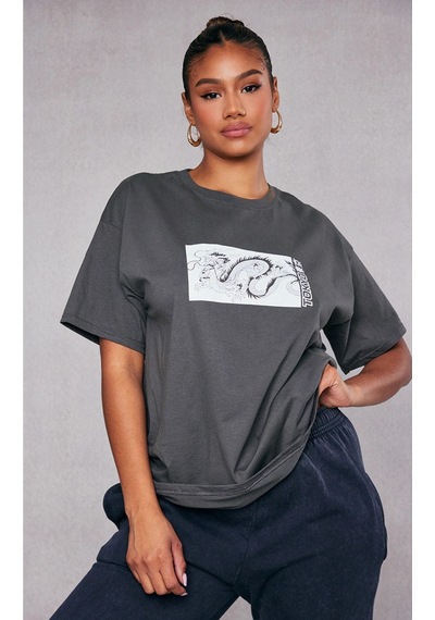 Füme Oversize Dragon T-shirt - Oversize Baskılı Gri