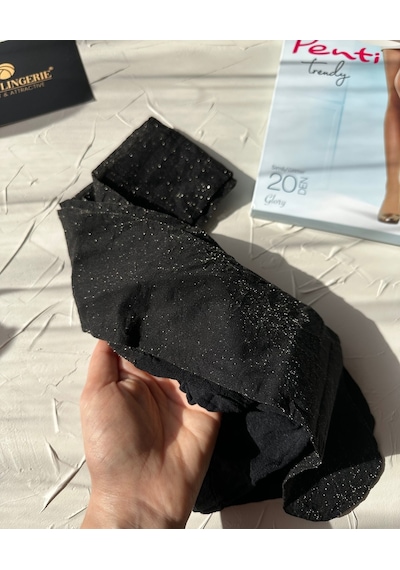 Trendy Glory Gold Simli 20 Den Çekici Pamuk Ağlı Külotlu Çorap- T Siyah