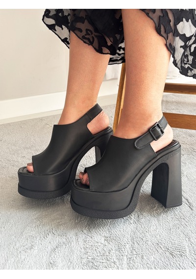 Asmi Shoes Kadın Veronica Siyah Cilt 12 Cm Önü Ve Arkası Açık Platform Topuklu Ayakkabı