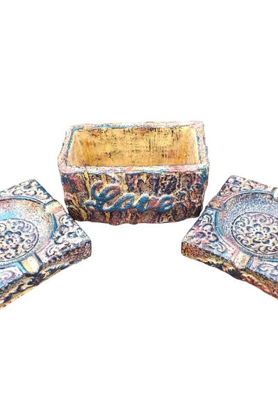 Hediyemiks 3 Lü Dekoratif Kase Seti Küllük & Saksı -vintage Eskitme El Yapımı Tasarım