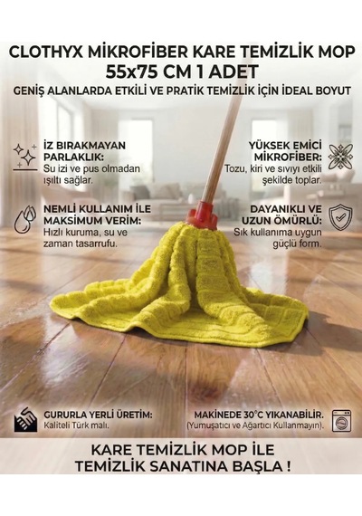 Mikrofiber Kare Temizlik Mop 55 75 Cm 1 Adet - Sarı