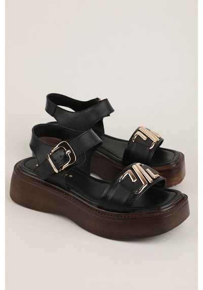 Gondol Hakiki Deri Platform Taban Sandalet Pkr.2401 Siyah