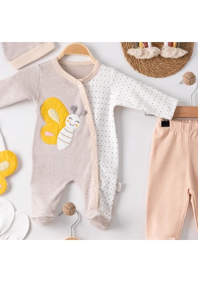 Candar 3 Ay Kelebek Nakışlı Tulum Erkek Bebek 5'li Set Kahverengi