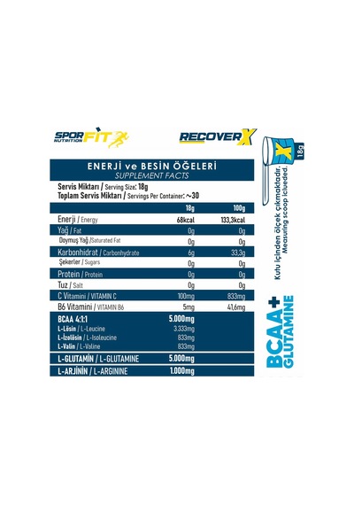 Sporfit Nutrition Recoverx Bcaa Amino Asit Tozu + L-glutamine 540 Gr Glutamin 30 Servis Karpuz + Shaker + Protein Kahve Hediyeli