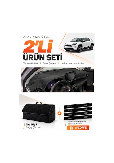 E-biz Toyota Yaris Cross 2022-2025 Uyumlu Torpido Örtüsü + Tay Tüyü Bagaj Çantası - Siyah - To029