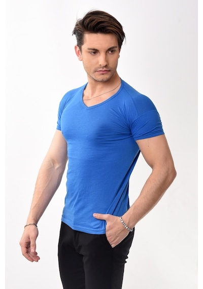 V Yaka Basic Slim Fit Erkek Tişört T-Shirt 10 Renk