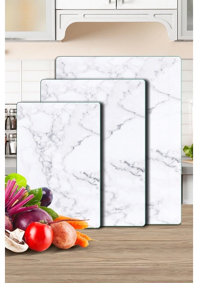 3'lü Cam Kesme Tahtası Ve Sunumluk Beyaz Mermer Desenli 20 X 30, 25 X 35 Ve 30 X 40 Cm Çok Renkli
