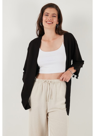 Lela Pamuk Ve Keten Karışımlı Püskül Detaylı Regular Fit Uzun Kimono Bayan Hırka 5869015 Siyah