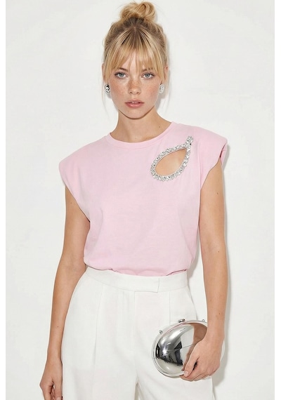 Kadın Taş İşlemeli Vatkalı Omuz Detaylı %100 Pamuk T-shirt 1075 60286066 - Pembe