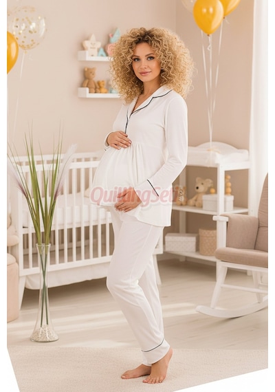 Quilling Lady Ekru Renkli, Kol Ve Paçaları Manşetli, 33202 Uzun Kol, 2 Parça Lohusa Hamile Pijama Takımı M - L