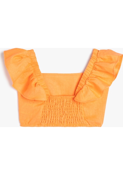 Koton Keten Crop Bluz Kelebek Kollu Kare Yaka Turuncu 4skg60057aw Turuncu
