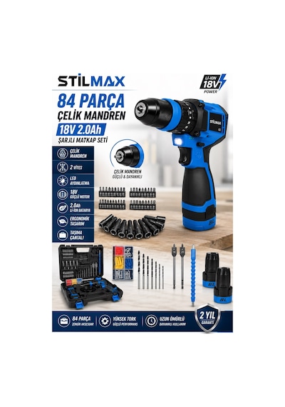 Stilmax 18v Brushless Şarjlı Matkap Seti 84 Parça Çelik Mandren Çift Akülü 2.0ah Vidalama Darbeli